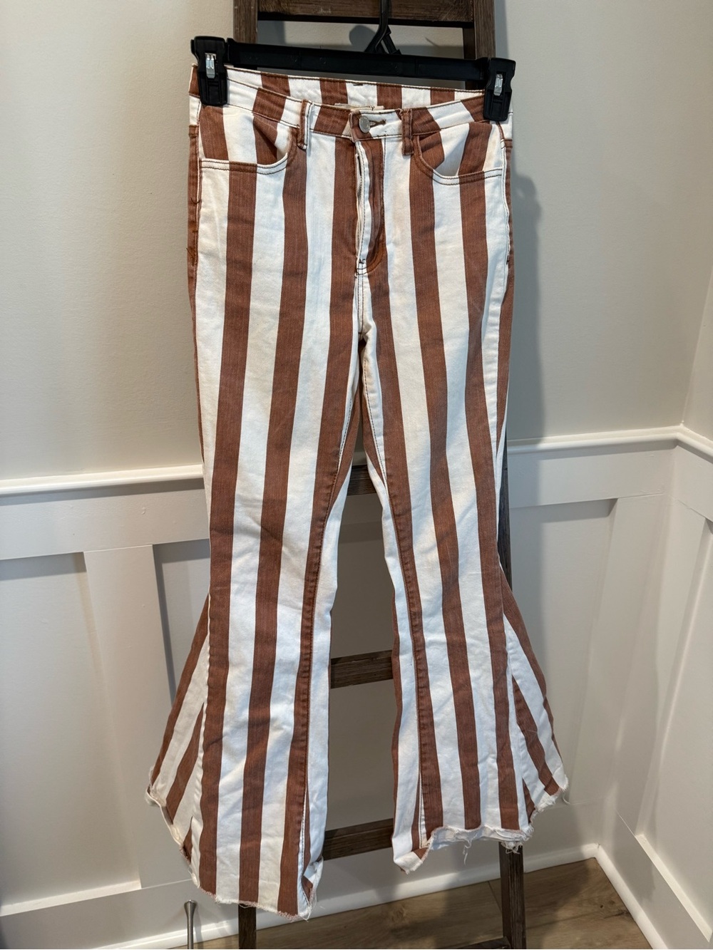 Striped Brown and White Flare Jeans - Women's High-Rise Flared Denim